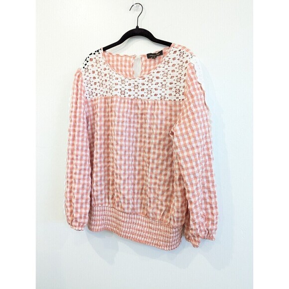 Suzanne Betro Blouse Womens Plus Size 1X Pink Gingham Crochet Top - Picture 2 of 11